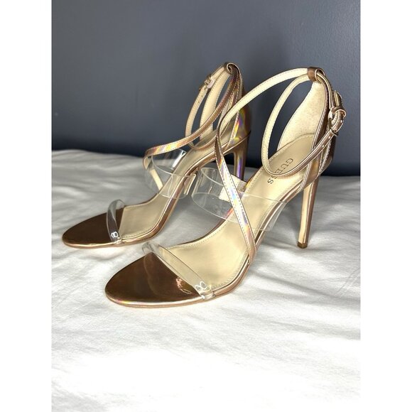 Guess Felecia Strappy Stiletto Size 9 Iridescent Rose Gold & Clear Dressy Sandal - Picture 3 of 14